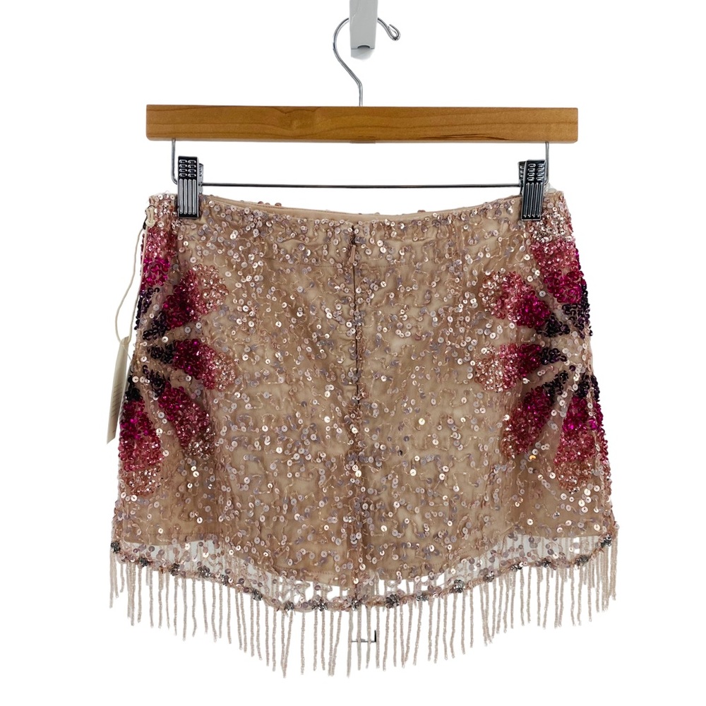 Tularosa Sequin Fringe Mini Skort in Nude with Pink & Fuchsia Starburst